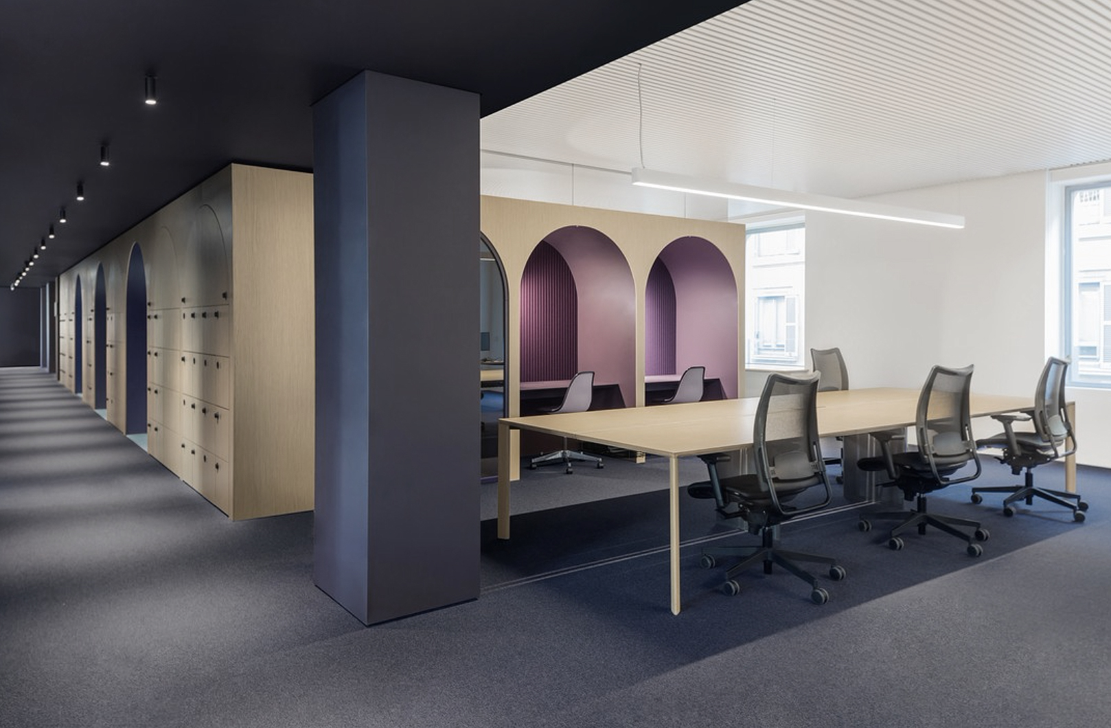 striking office with arched ceilings of small offices using White Oak Touch